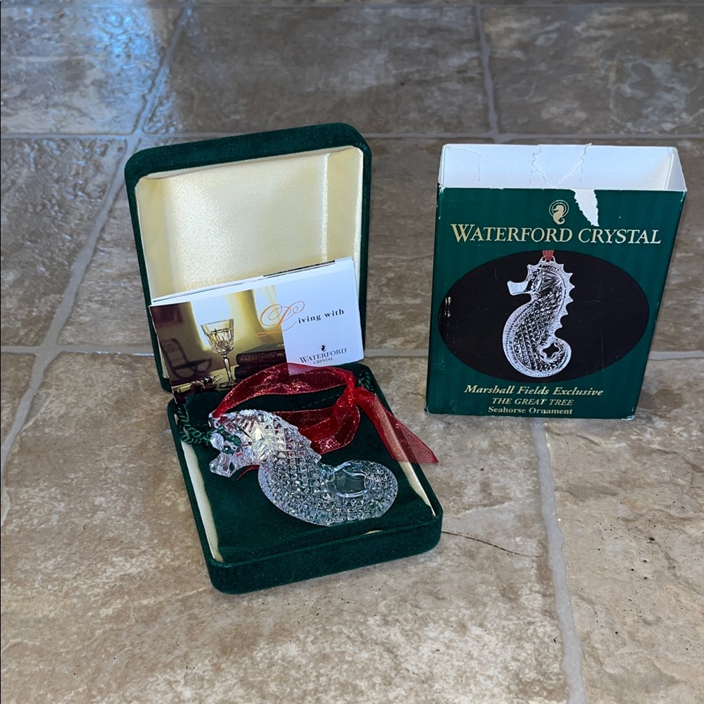 Waterford Crystal Seahorse Ornament with Red Ribbon